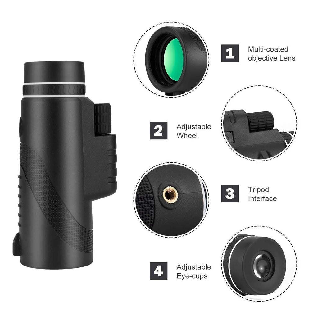 Black HD 40x60 mobile phone monocular telescope with waterproof housing and fully coated lenses