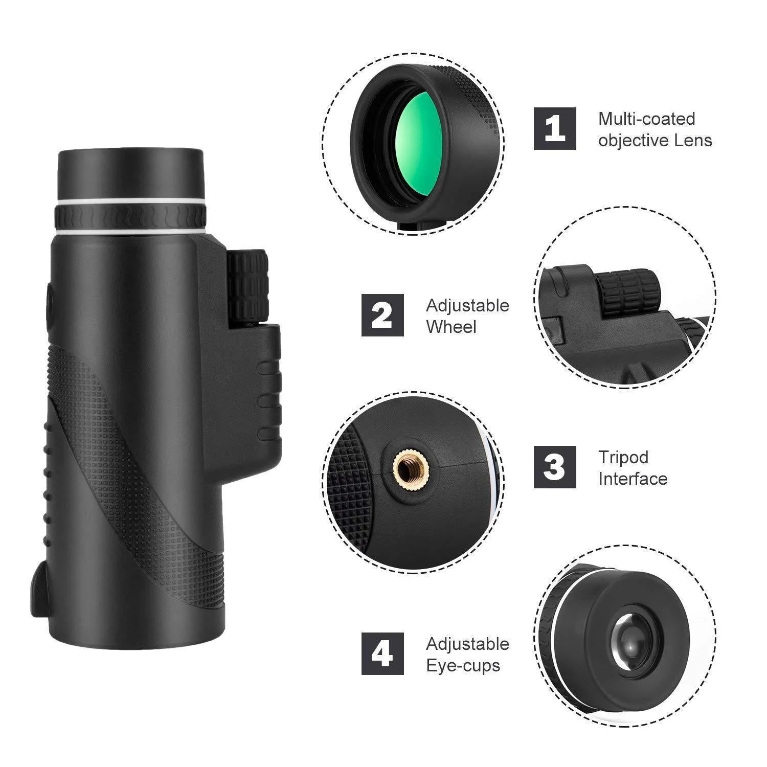 Black HD 40x60 mobile phone monocular telescope with waterproof housing and fully coated lenses