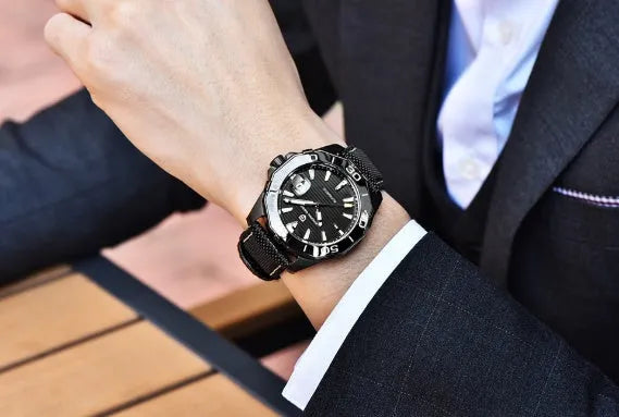 Men's mechanical watch PD-1617 with stainless steel case and strap, silver dial, black details, 14.3mm dial