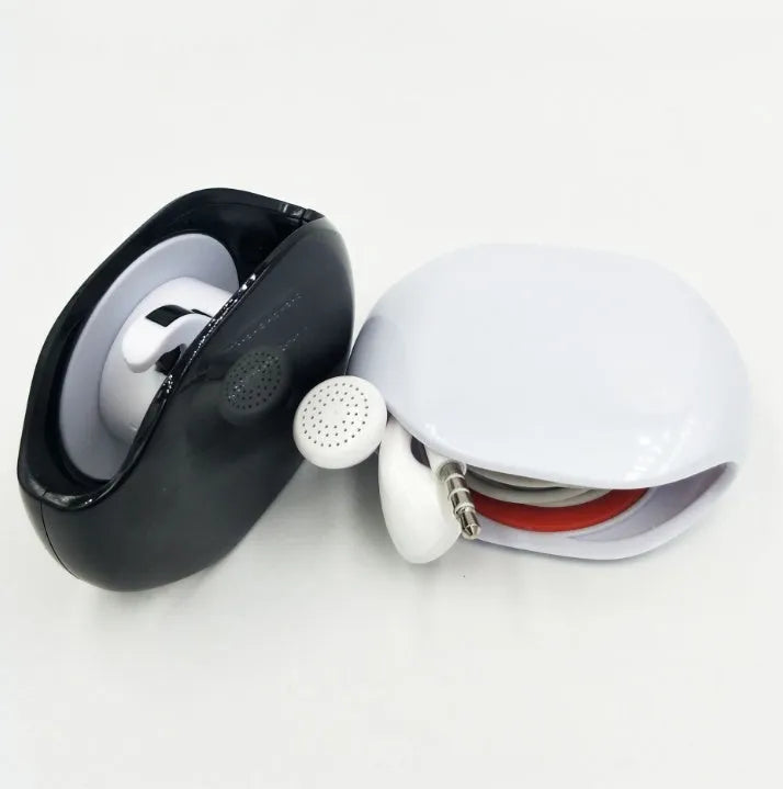 Automatic earphone retractor winder with telescopic reel and small storage box.
