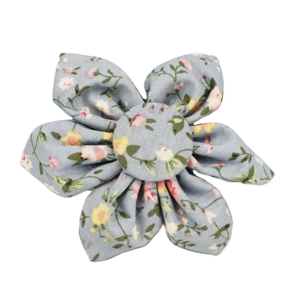 Floral polyester cotton dog collar set with matching leash, vest, bow, and poop bag accessories