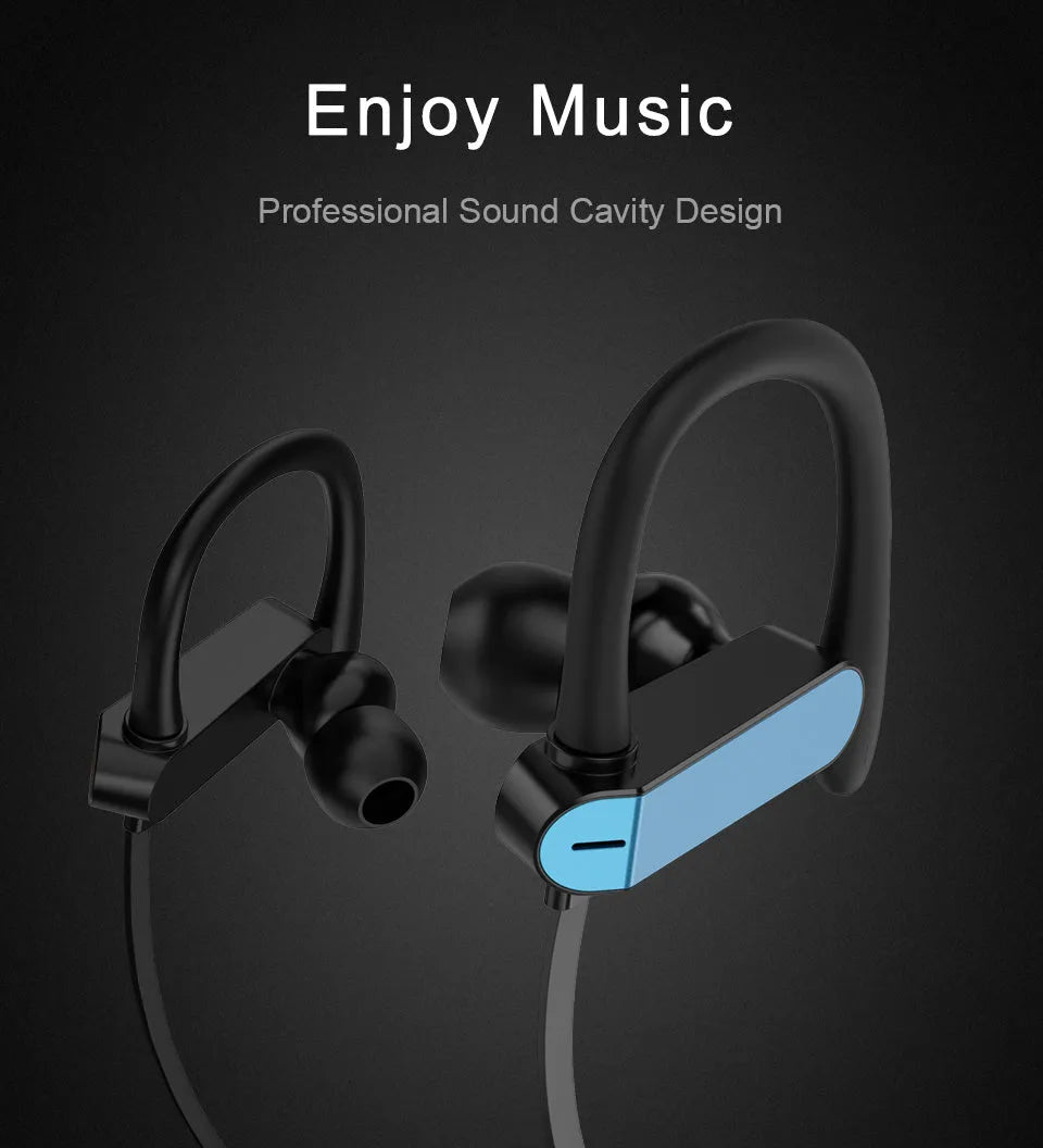 Sport ear hook headphones with microphone in black blue colour, showing over-ear hook and silicone earbuds.