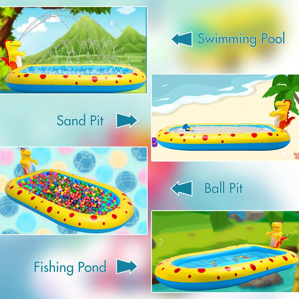 Blue dinosaur water spray pool measuring 170cm long with inflatable shark design for garden play