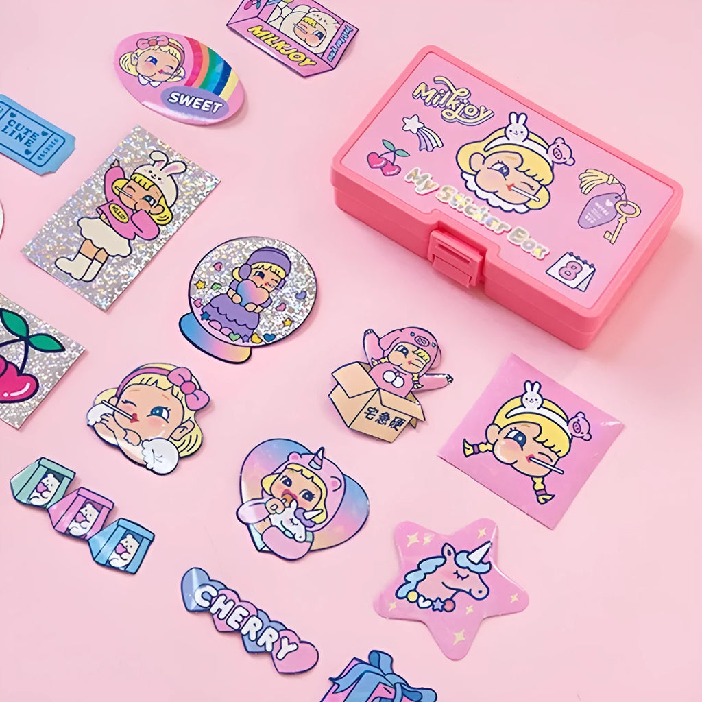 Square PVC cartoon sticker set with 16 stickers and storage box in comics style