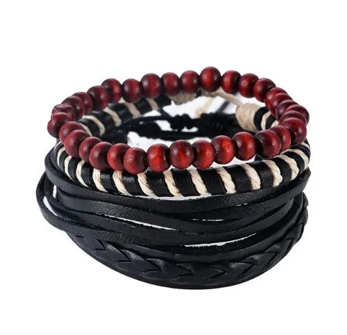 Adjustable leather punk wrap bracelet with wooden beads and multilayer design