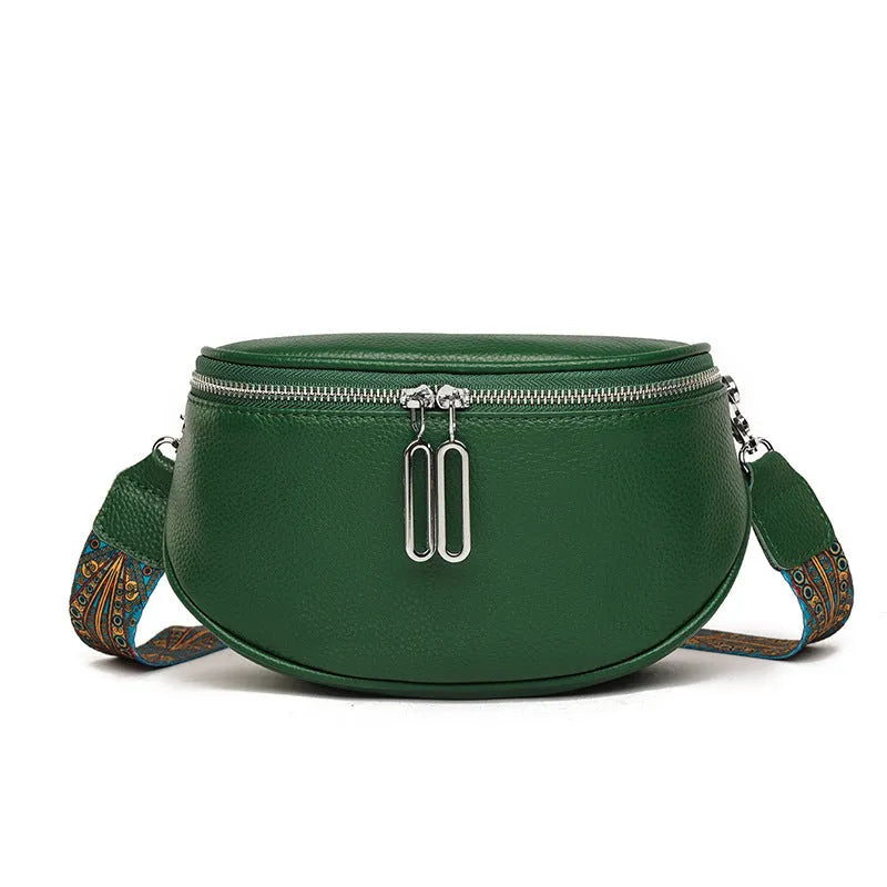 Women's soft PU leather messenger bag in saddle shape with crossbody strap and outer pocket
