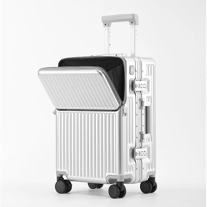 24-inch front open PC suitcase in black with USB port and brake wheel for business travel