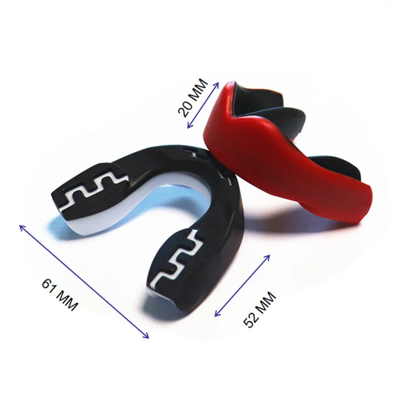 Adult boxing mouthguard with tooth socket design in black and white, red and white, and blue and white colour options.