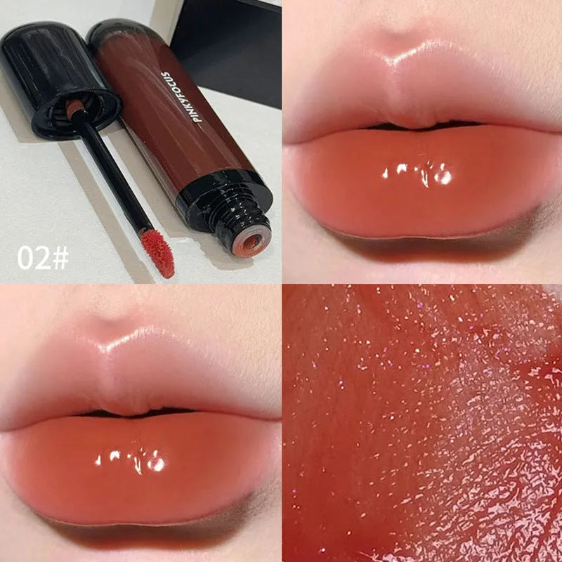 Black Shiny Makeup Mirror Lip Lacquer set showing six shades: black tomato, orange brown, bean paste, rose, red, and sweet potato.