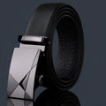 Men's automatic buckle belt in imitation leather with rectangular alloy buckle showing side view