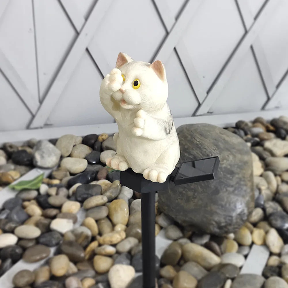 Brown and grey cat-shaped resin solar lawn light for outdoor gardens