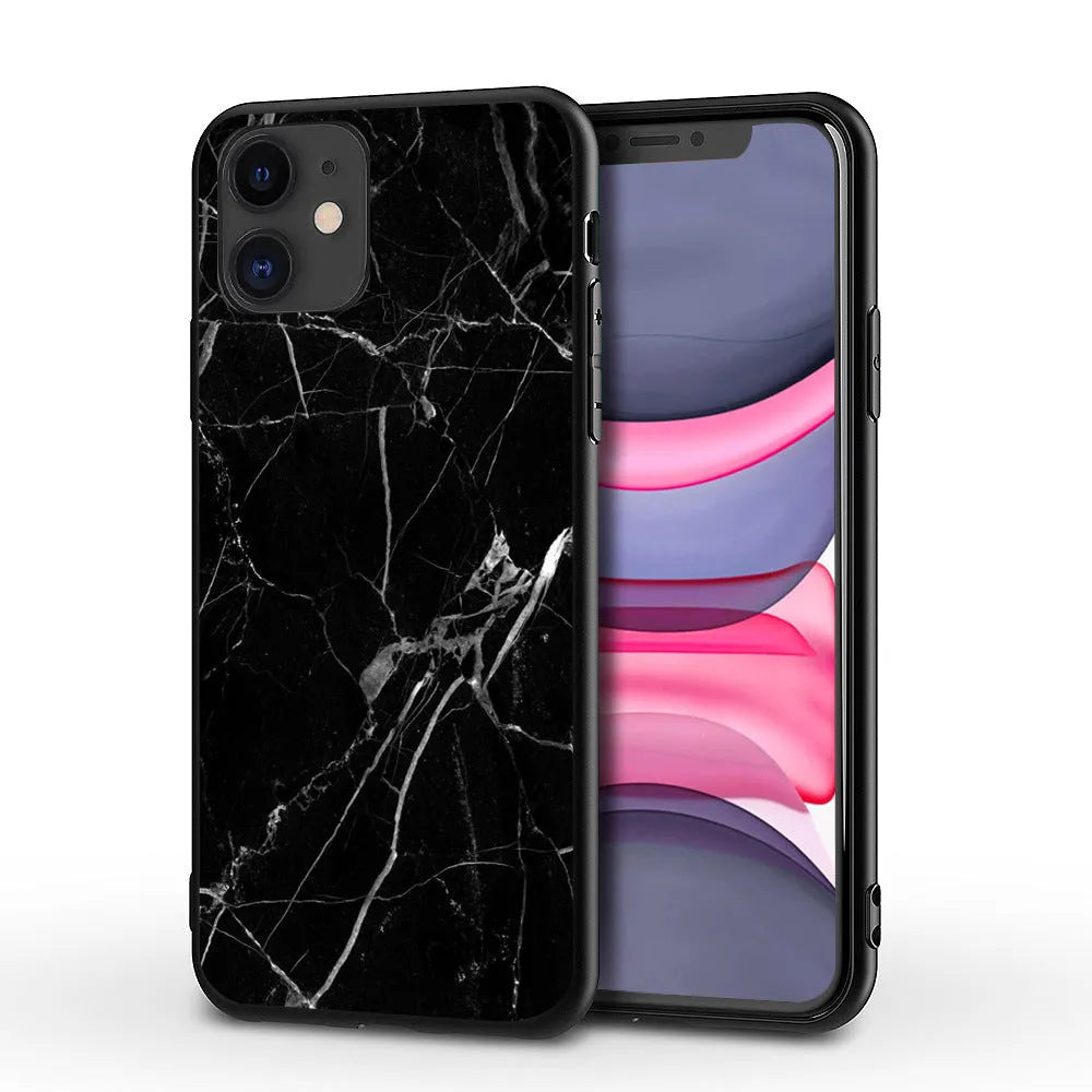 Marble pattern iPhone case showing shockproof waterproof design with precise port cutouts
