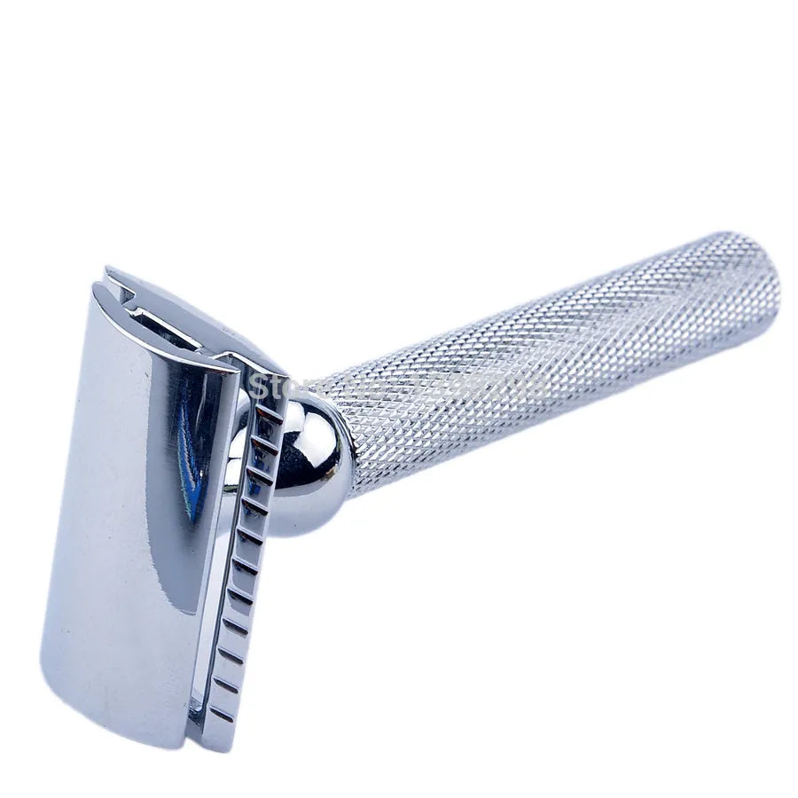 CSB men's shaving kit with chrome stand holding a double edge razor and badger hair brush, plus soap bowl and blades.