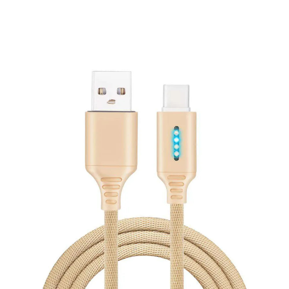 Fabric braided USB fast charging cable in black, shown with Android and Type-C connectors.
