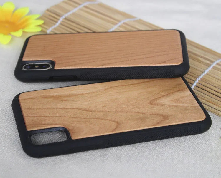 Wooden phone case with natural bamboo back and black TPU sides for iPhone
