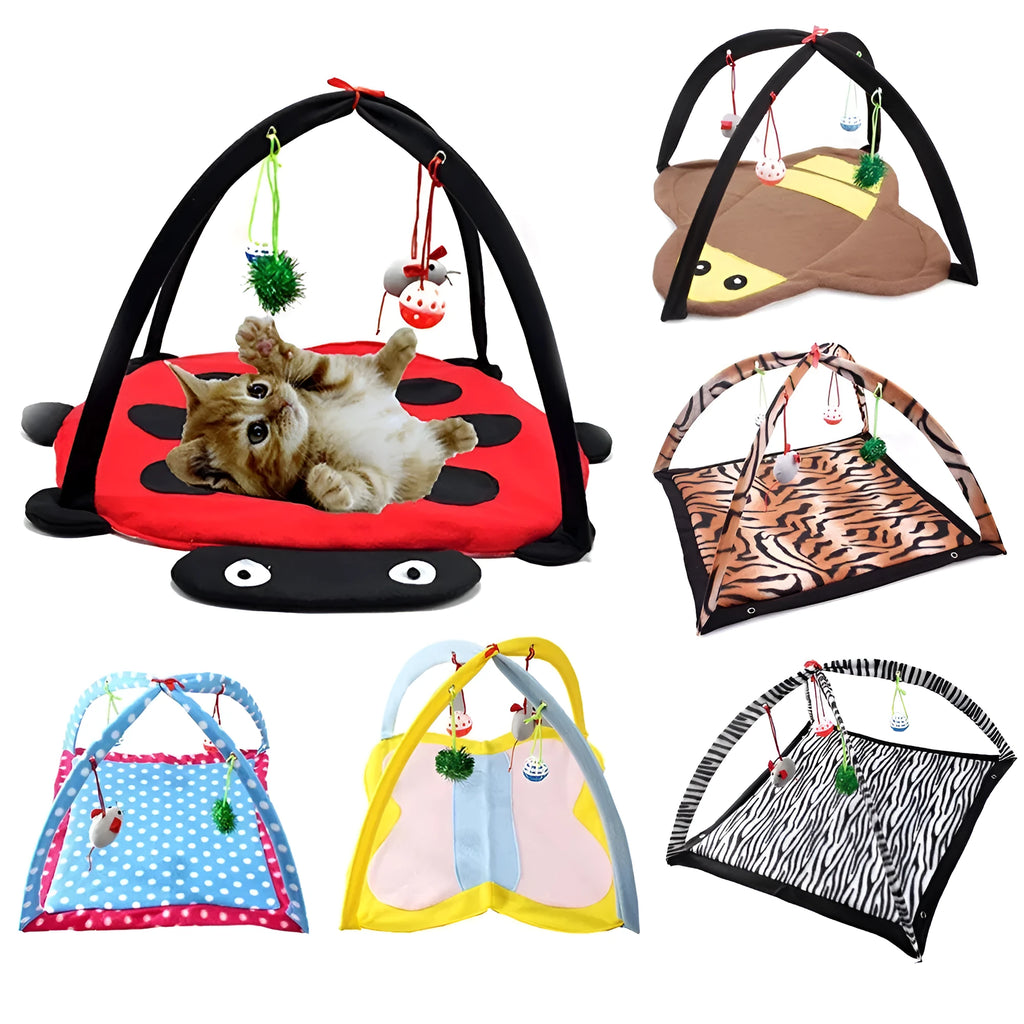 Cartoon cat play tent in bee pattern, foldable fleece hammock with two balls for kittens