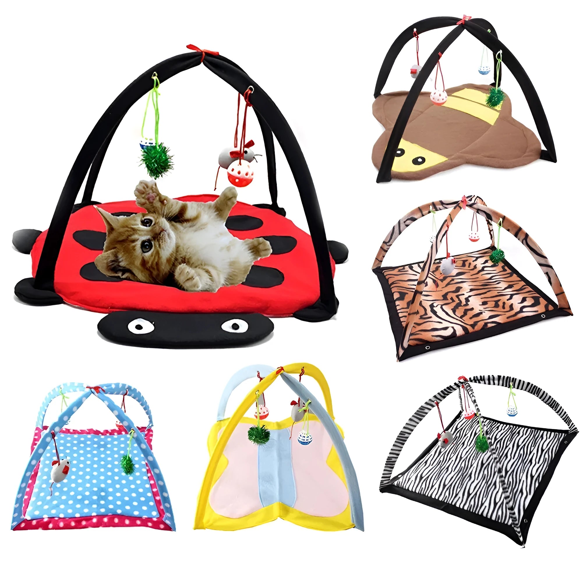 Cartoon cat play tent in bee pattern, foldable fleece hammock with two balls for kittens