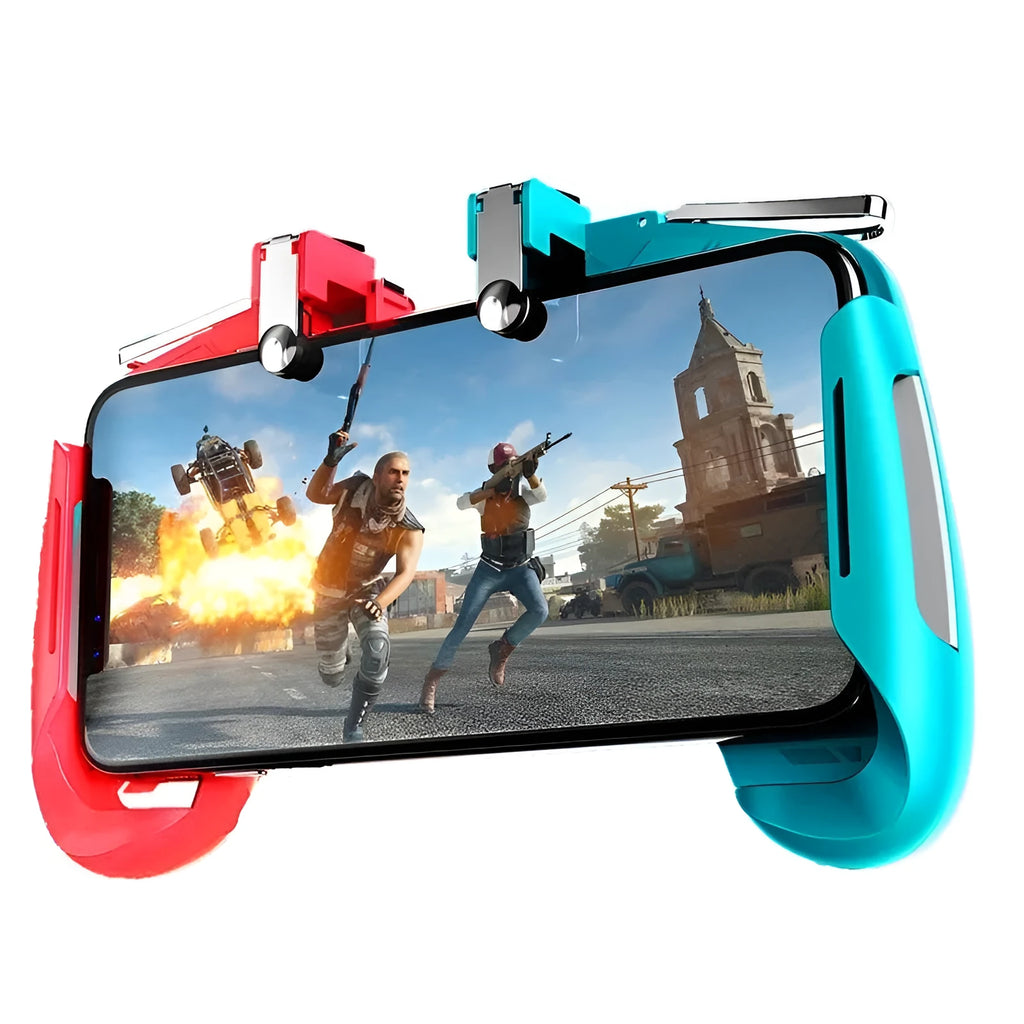 Collapsible mobile gaming controller handle for smartphones in black, blue, and white colours.