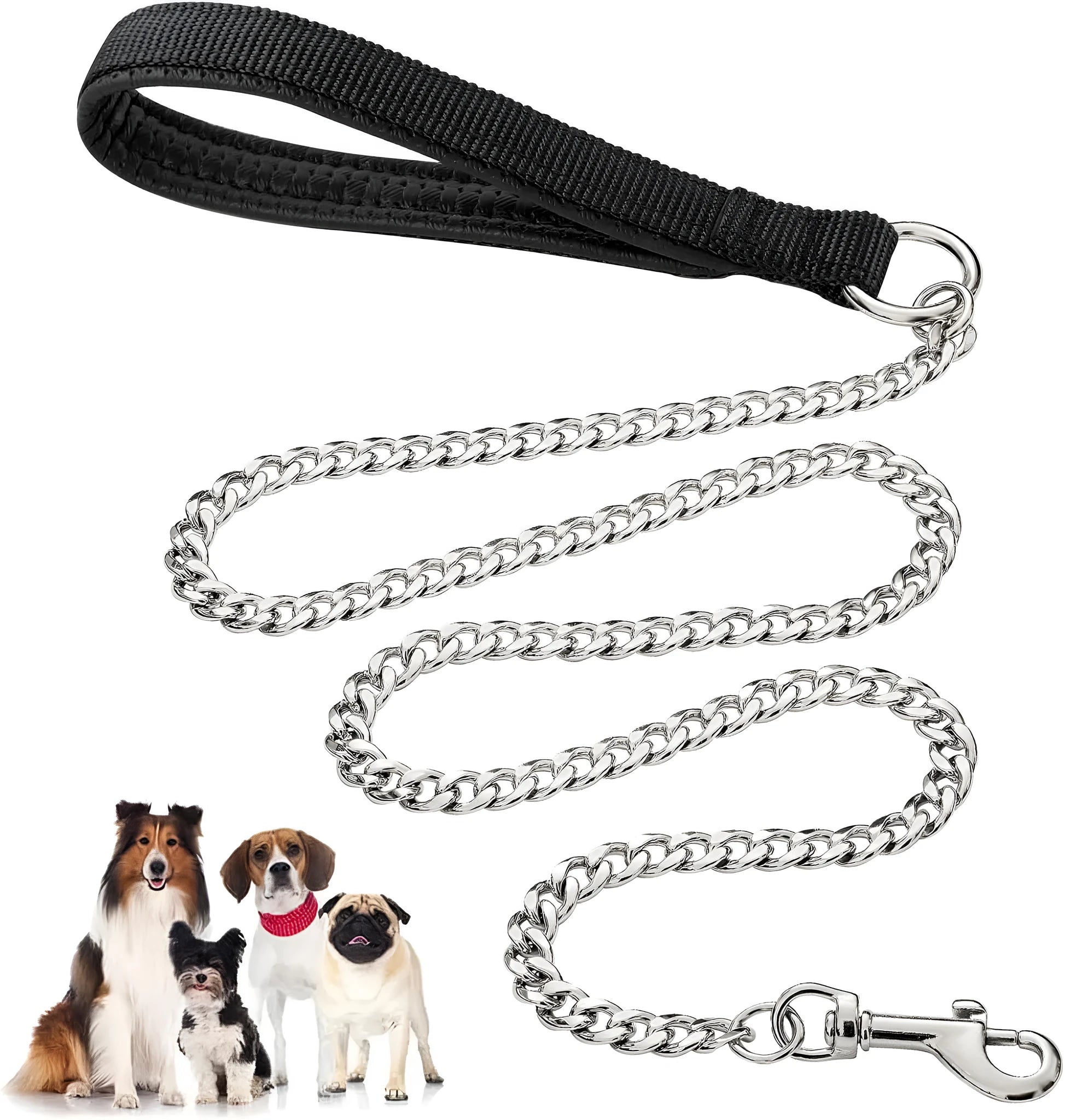 Heavy duty metal dog leash with soft black padded handle and silver chain, shown with a large dog collar clip.
