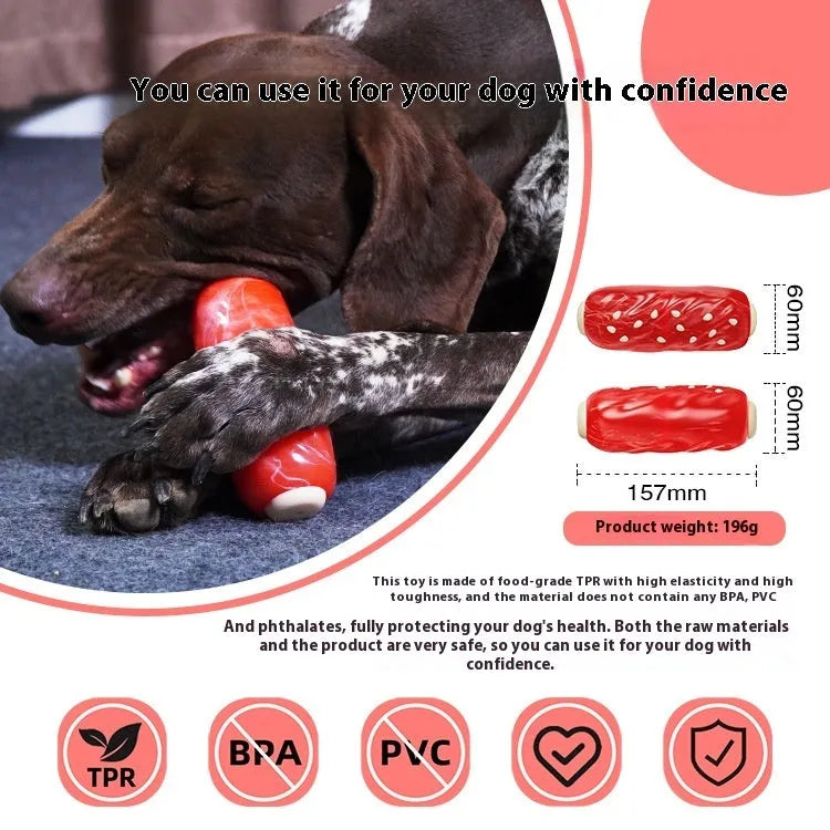 Primary colour plastic molar-shaped dog chew toy with textured ridges and hollow treat-dispensing centre