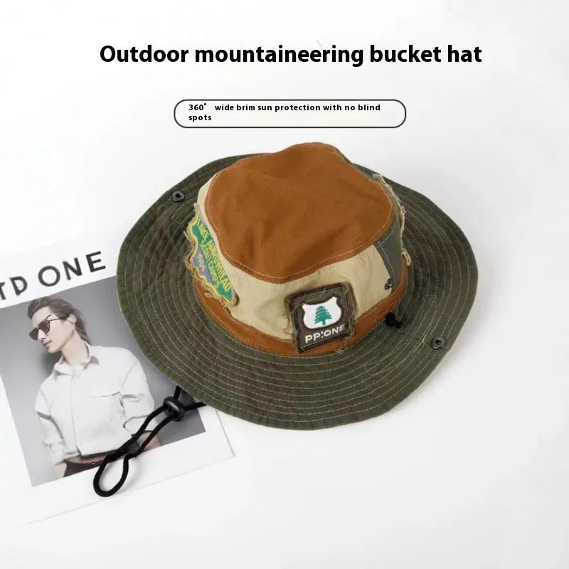 Women's army green cotton fisherman hat with patchwork design and flat top crown