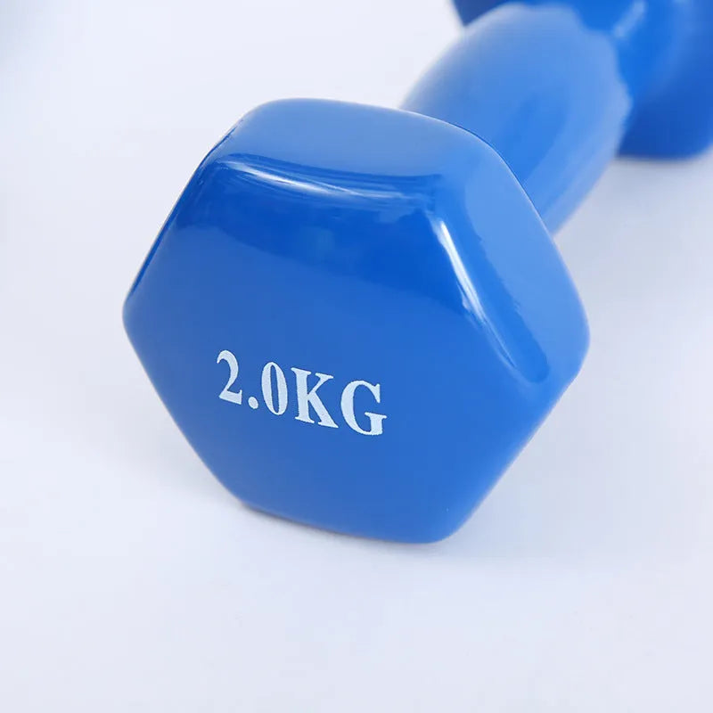 Colourful plastic fitness dumbbells in bright colours with glossy surface coating