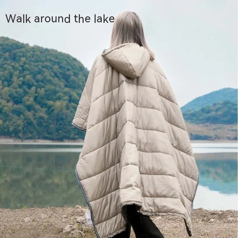 Army green outdoor cloak sleeping bag with wearable design showing 200x140cm dimensions