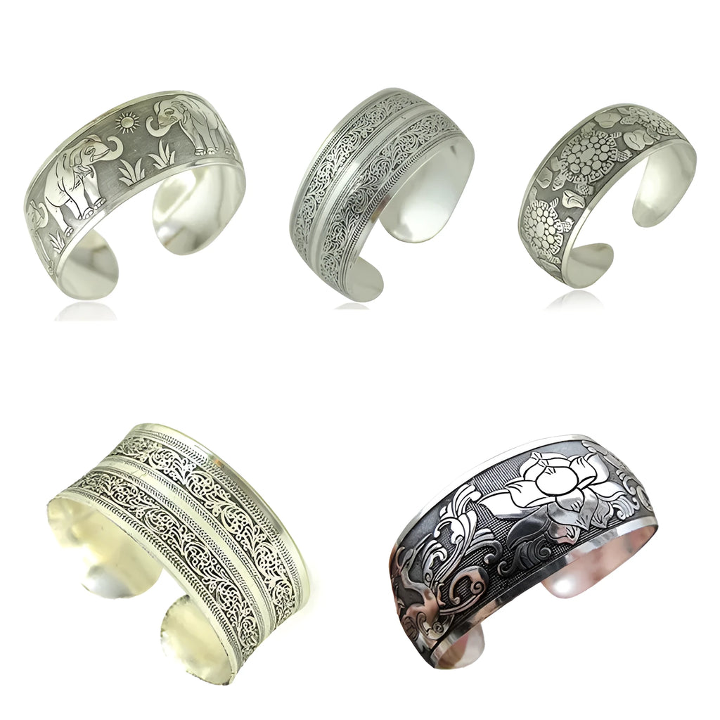 Open carved Miao-style silver alloy bracelet with Roman shape in turtle colour option
