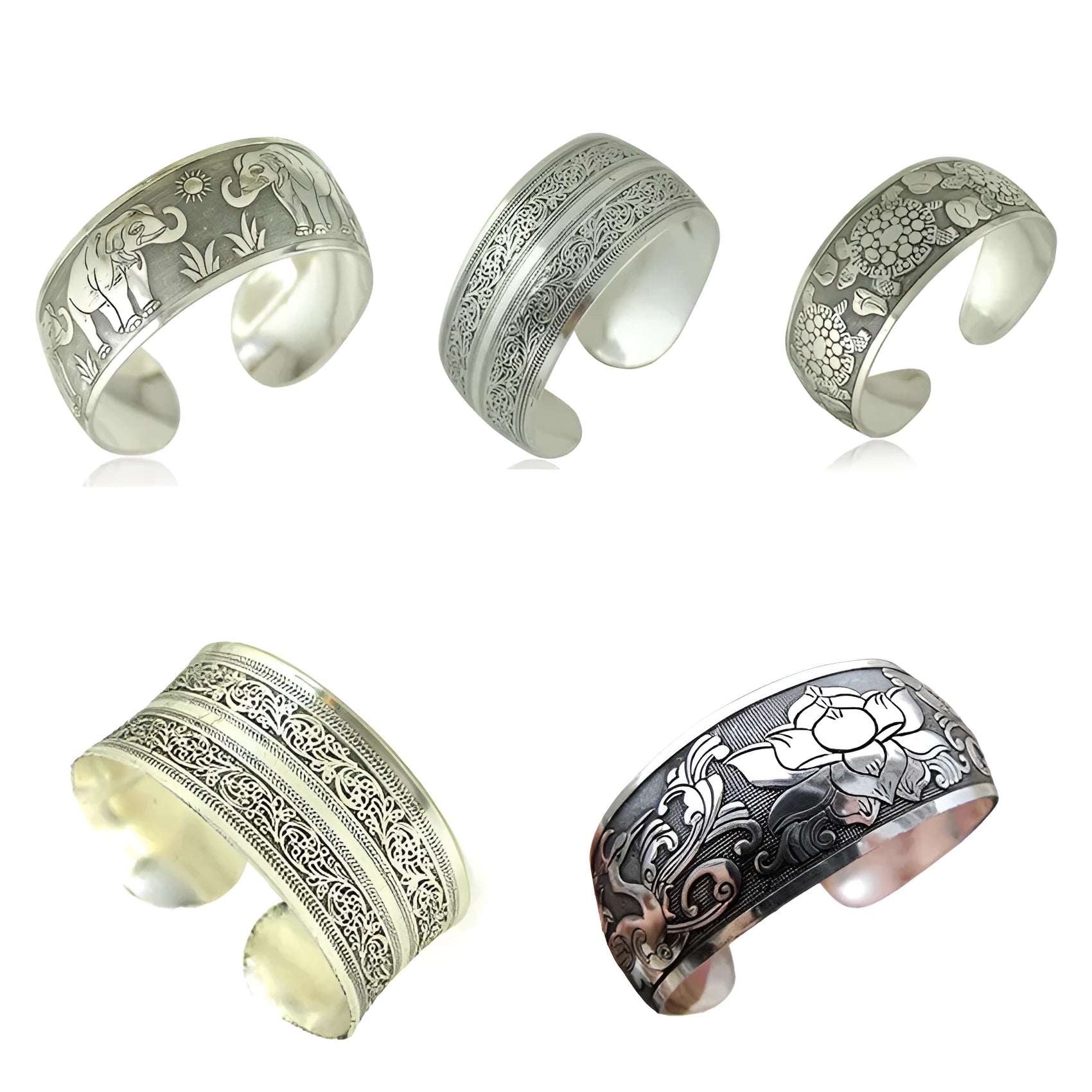 Open carved Miao-style silver alloy bracelet with Roman shape in turtle colour option