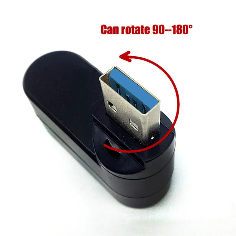Black and white USB rotary splitter hub with four USB ports showing rotational design