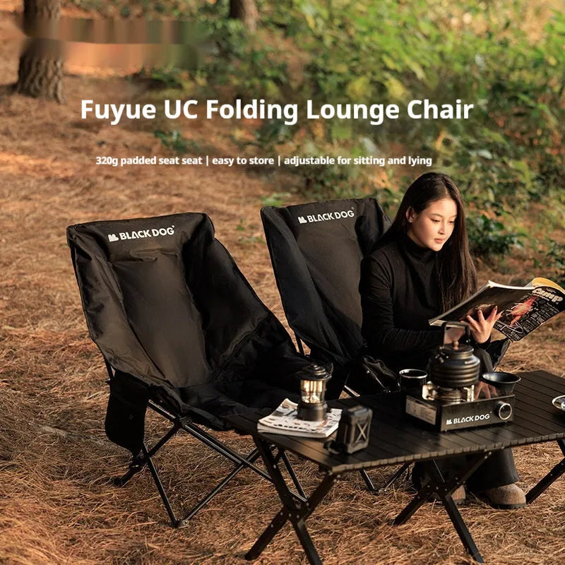 Night black Oxford cloth camping recliner moon chair in folded and unfolded positions.