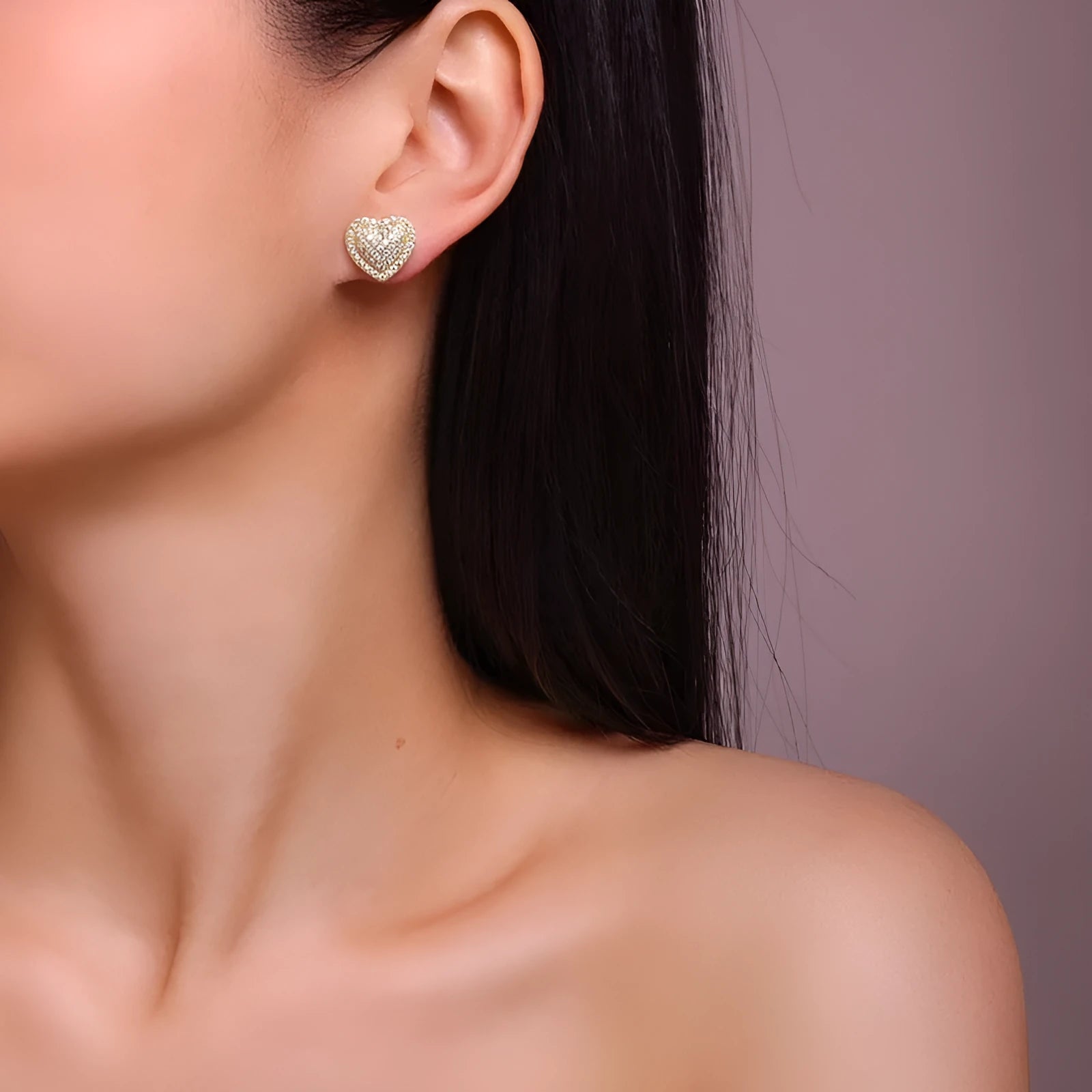 Gold colour S925 silver heart-shaped stud earrings with moissanite stones.