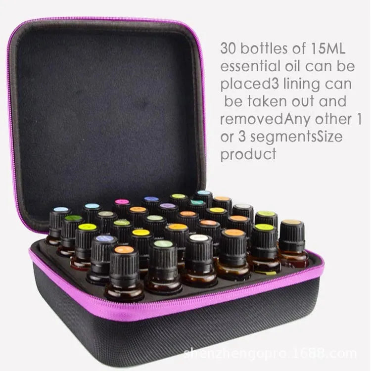 Red EVA essential oil storage cube bag with 30 compartments for 15ml bottles, showing zipper and compact design