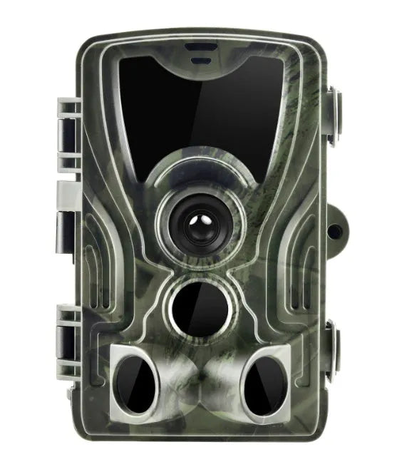 Green cellular trail game camera showing front lens and display, dimensions 135x90x76mm
