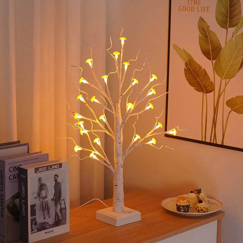 60cm tall LED mushroom tree lamp with 24 detachable plastic flowers and birch-like branches