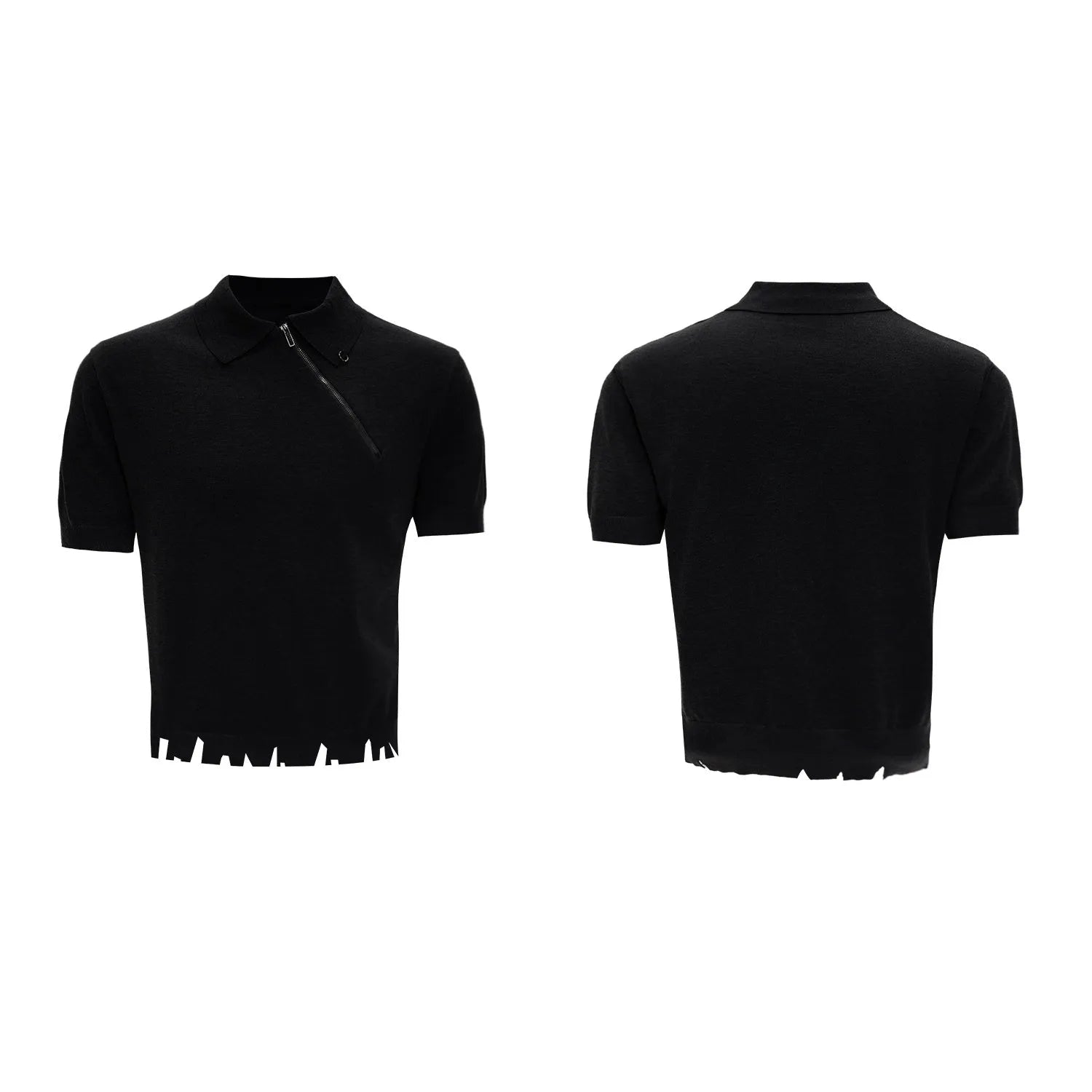 Man wearing a slim-fit black polo shirt with an oblique zip and lapel collar
