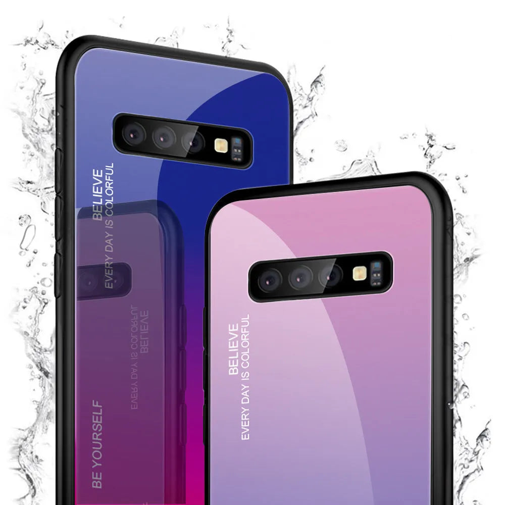 Gradient glass phone case for Samsung S20 S10 S9 S8 Plus Ultra in solid colour black with TPU and tempered glass back cover