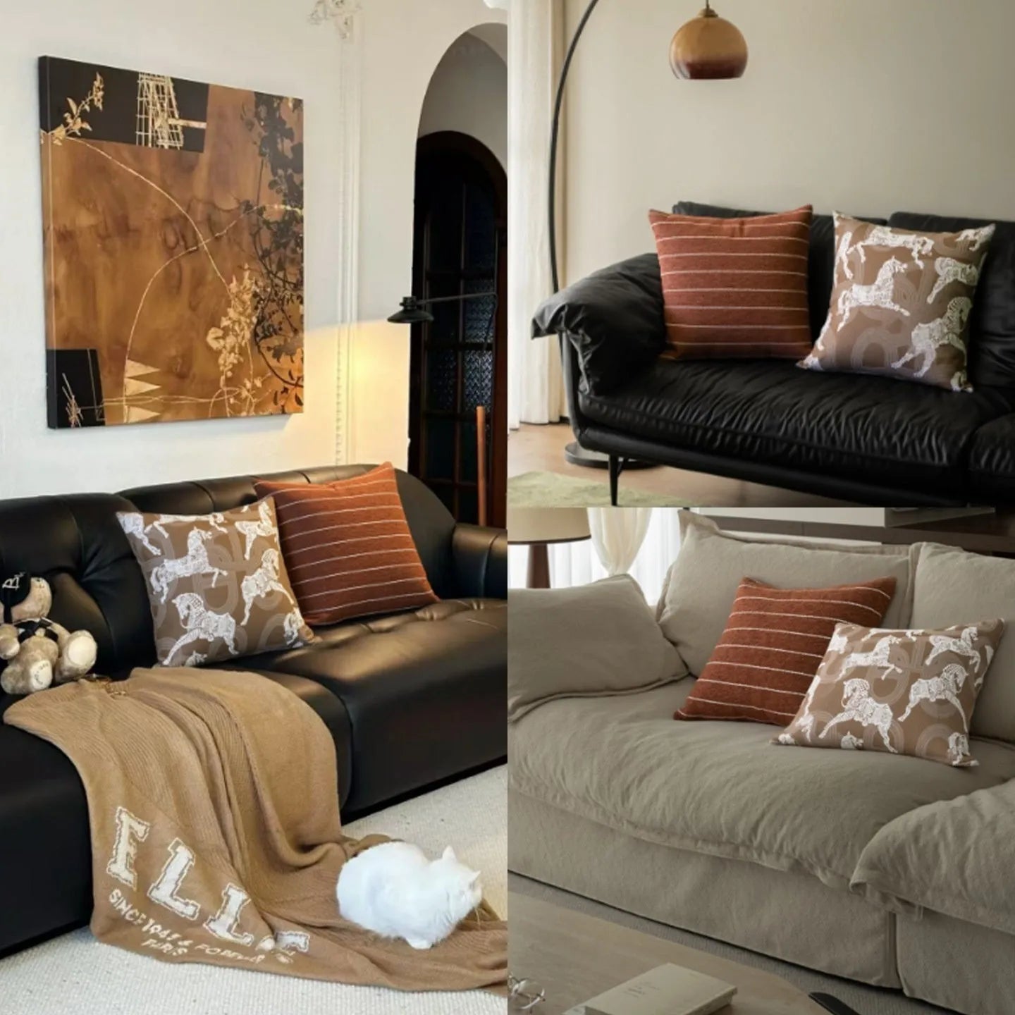 Chinese style square cushion in Maillard colour on a sofa, 45cm size with geometric pattern.