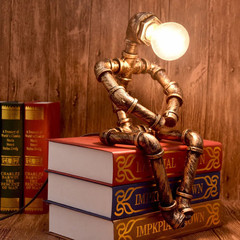 Robot Table Lamp vintage industrial desk light with iron pipe design green bronze finish