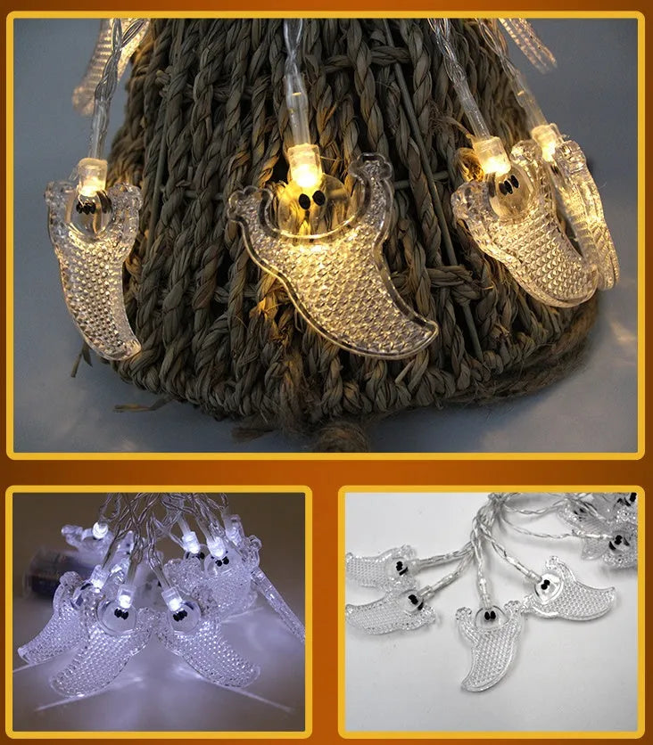 Halloween LED string lights with pumpkin bat ghost spider pendants on 1.2m white cord