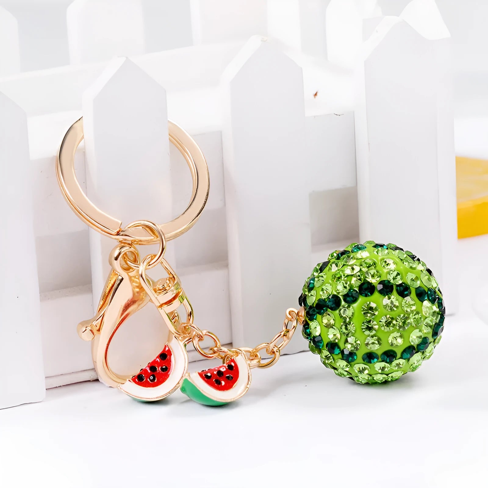 Green watermelon-shaped metal keychain with keyring, 12cm zinc alloy fruit accessory