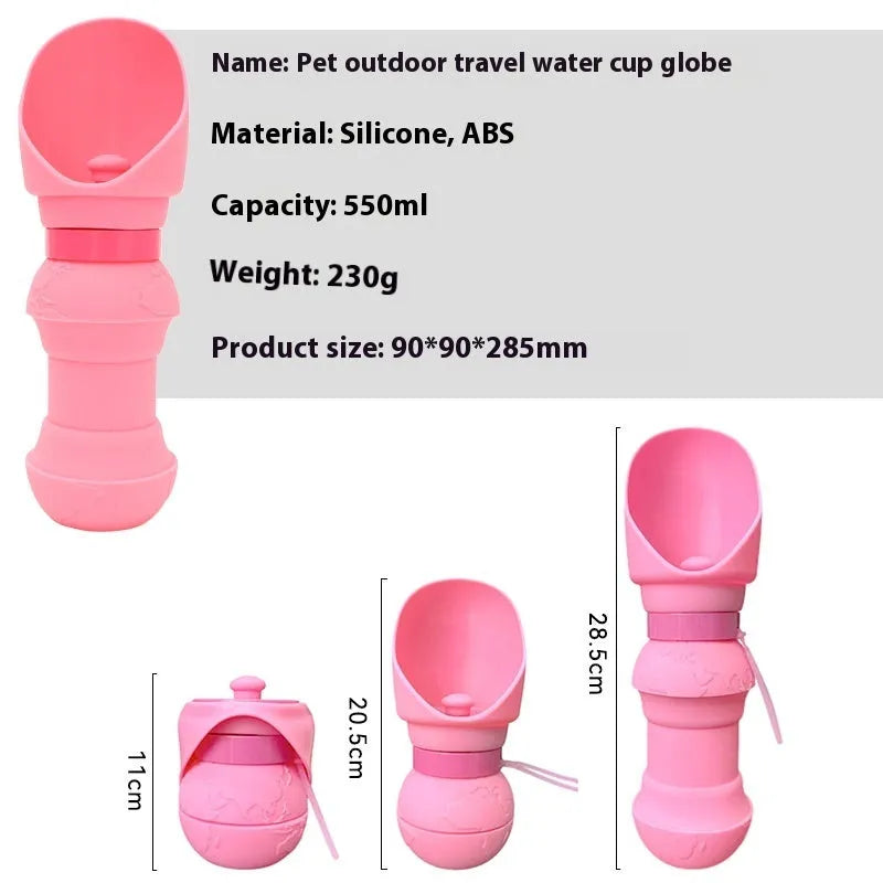 Collapsed and expanded views of a silicone folding water cup for pets in a choice of colours.