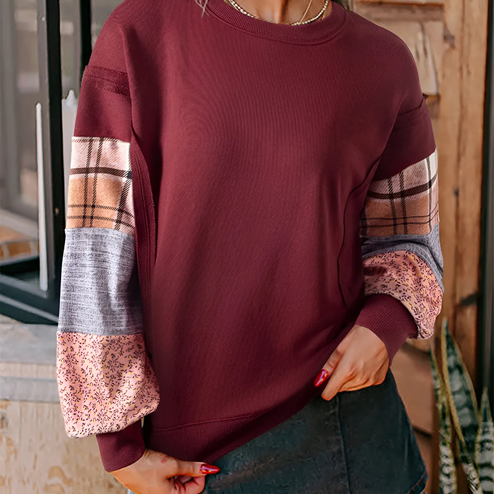 Women's loose fit plaid stitching long-sleeved polyester top in apricot colour