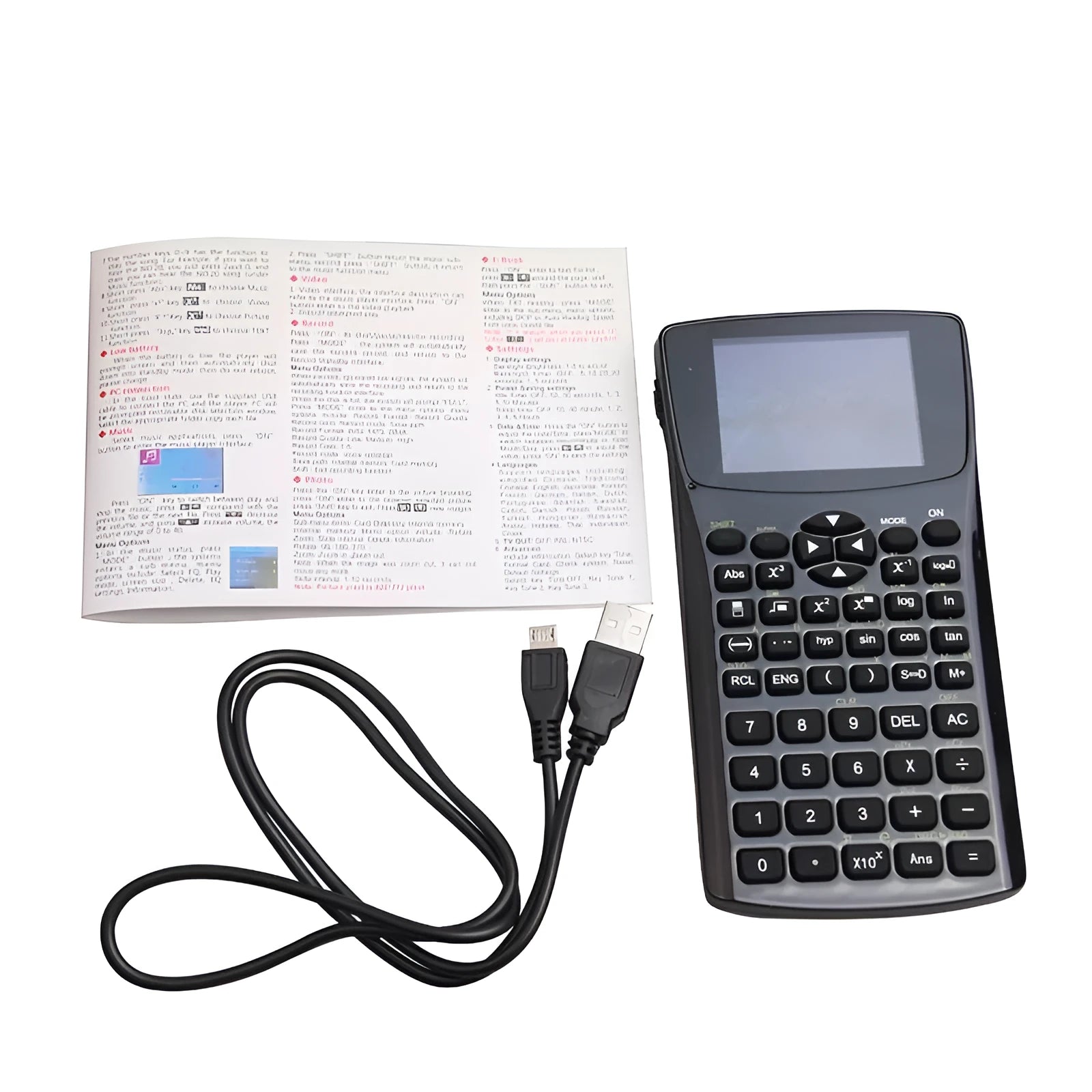 Black multifunctional e-book reader with 2.8cm screen showing multilingual interface and attached carrying strap