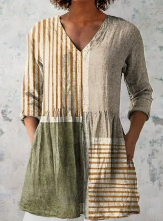 Women's printed wave pattern loose dress with 3/4 sleeves and wide waist design in various colour options