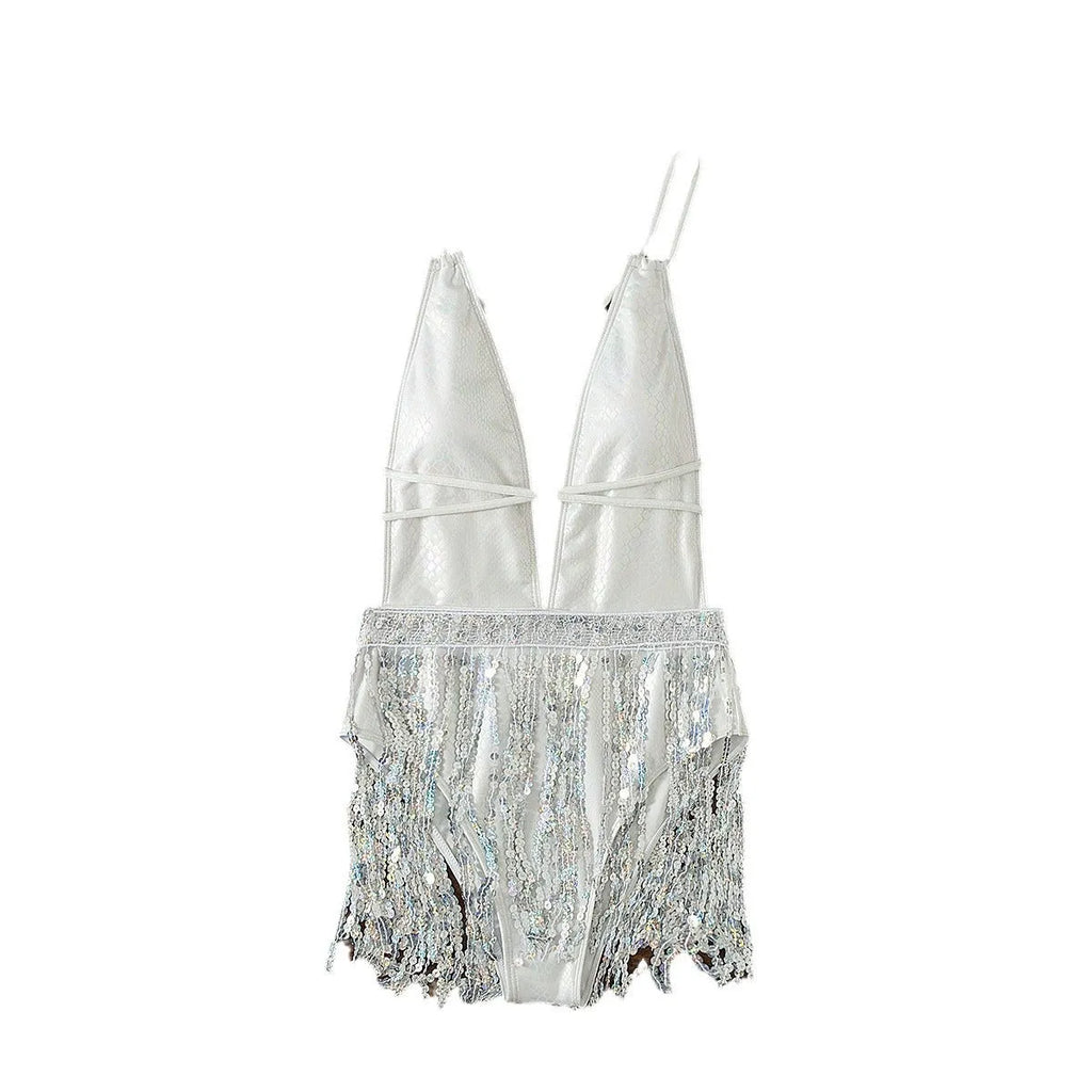 White one-piece swimsuit with deep V-neck and tassel trim, sleeveless briefs style