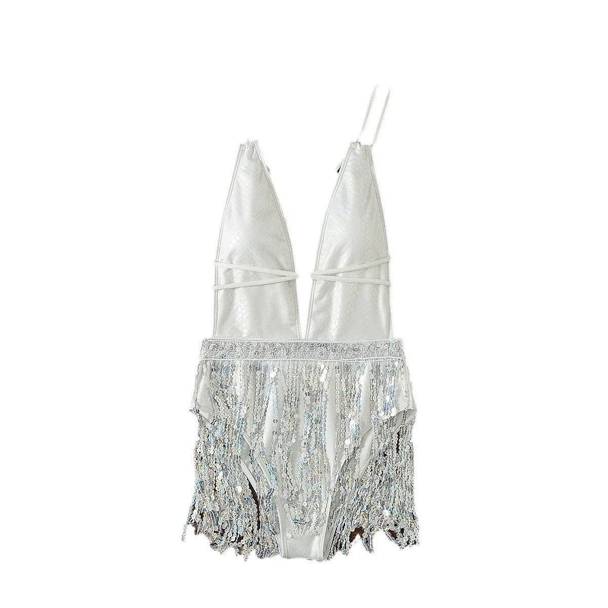 White one-piece swimsuit with deep V-neck and tassel trim, sleeveless briefs style