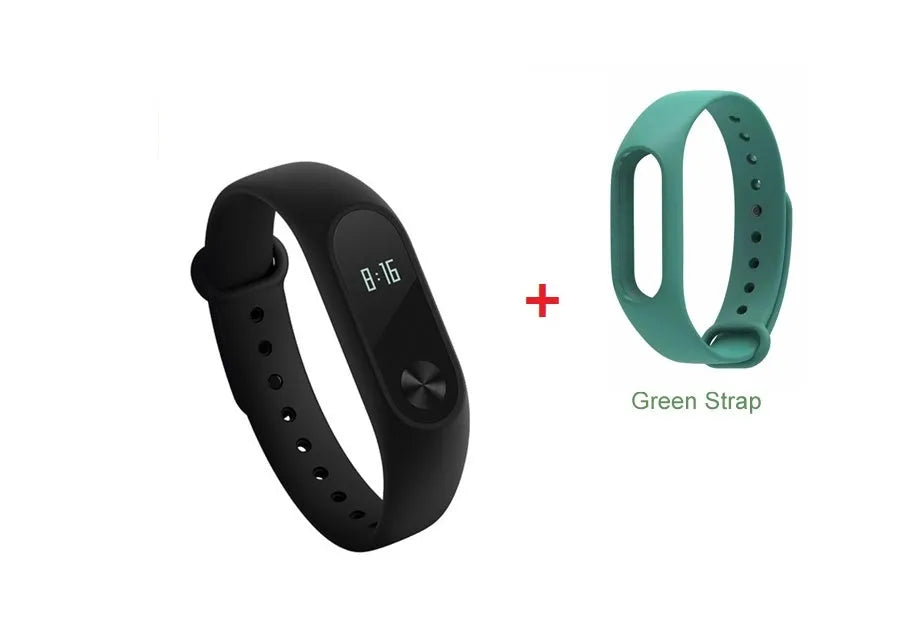 Xiaomi Mi Band 2 black fitness tracker with OLED display on adjustable wrist strap