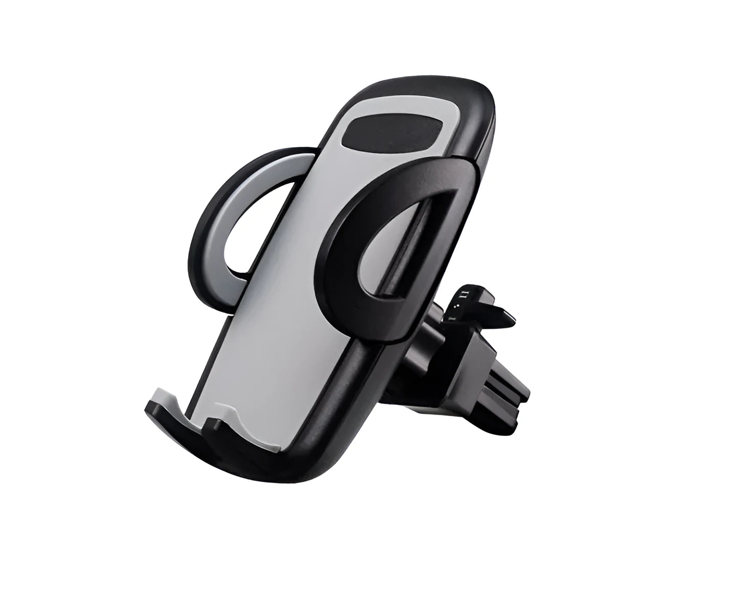 Black plastic car air vent phone holder mounted on car dashboard with mobile phone securely in cradle