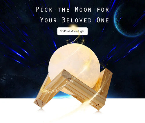 3D printed white moon lamp on wooden stand with colour-changing LED light